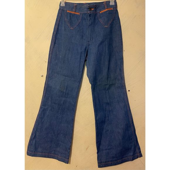 Vintage 70’s Bell Bottom Bellbottoms Flared Jeans Trimmed in Leather by BANG! BA - Picture 2 of 13